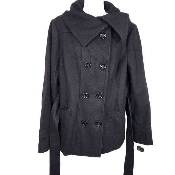 Steve Madden Women Peacoat Belted Wool Blend Black Lined Size XL Pockets Outdoor - Picture 3 of 14